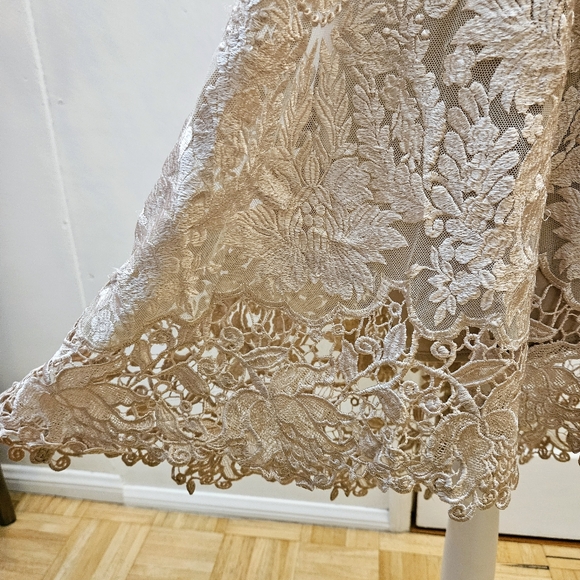 NEW SKY Cocktail Backless Nude Tan Lace Layered Halter Mini Dress S - Picture 4 of 10